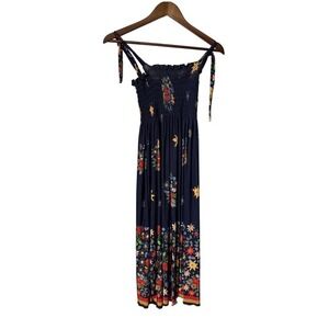 Lildy Women Small/Medium Blue Floral Smock Tie Shoulder Boho Festival Maxi Dress